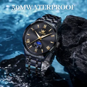 OLEVS 3638 Men’s Quartz Watch – Black Dial Stainless Steel Strap